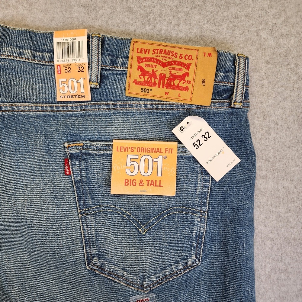 Levis 501 Jeans Mens 52x32 Blue Wash Straight Button Fly Original Fit Stretch